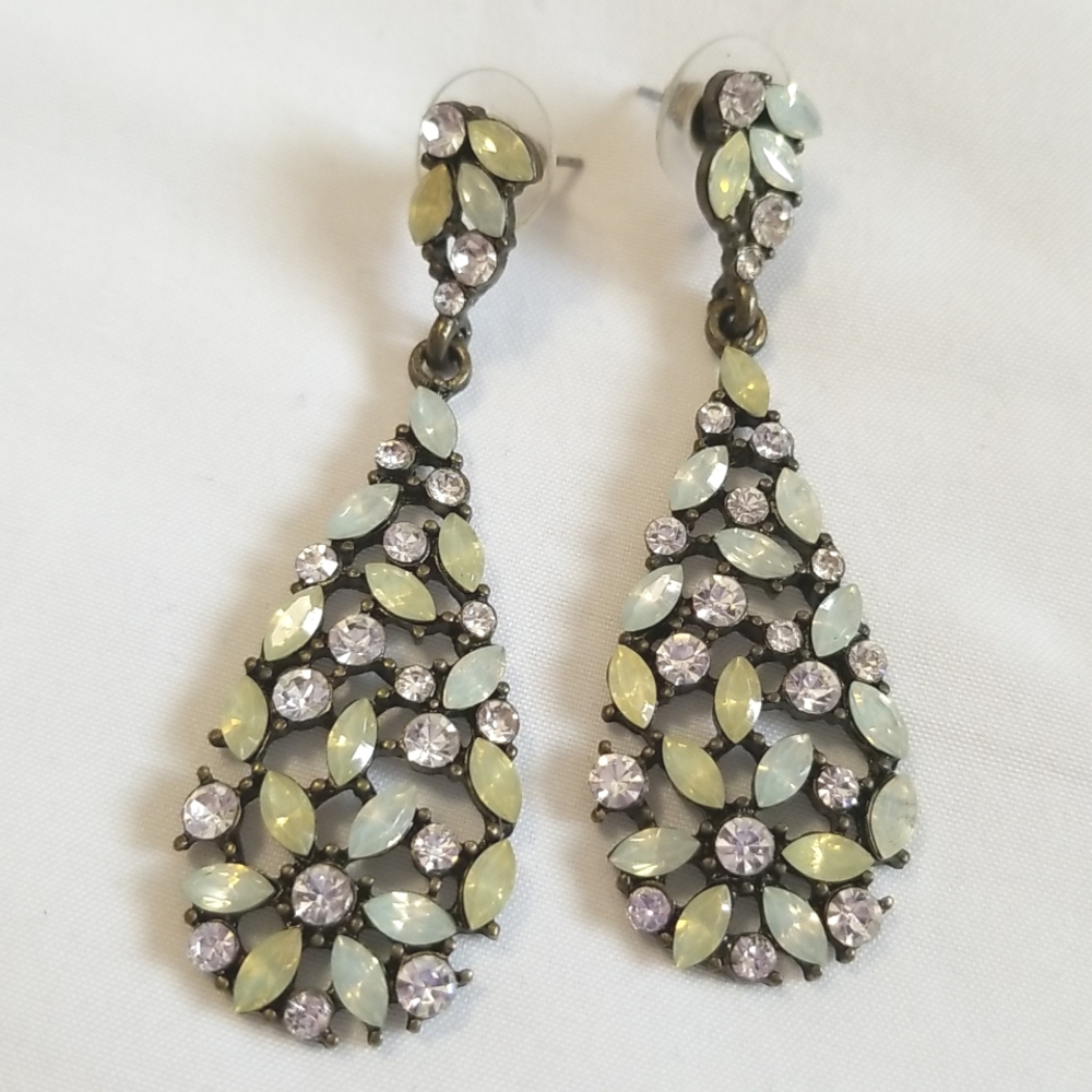 Gold Tear Drop Rhinestone Floral Earrings